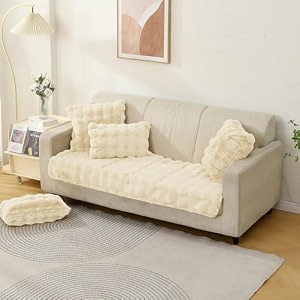 hokipo 39furhug39 premium faux rabbit fur anti slip sofa cover mat with 2 armrest cover 1 seater beige ar-5010-crm  ar-5149-crm2