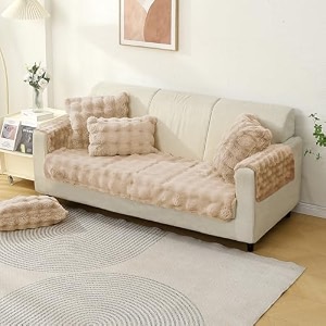 hokipo 39furhug39 premium faux rabbit fur anti slip 3 seater sofa mat with 2 armrest cover latte brown ar-5015-lcf  ar-5149-lcf2