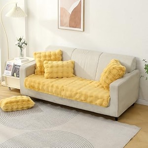 hokipo 39furhug39 premium faux rabbit fur anti slip 3 seater sofa mat with 2 armrest cover honey yellow ar-5015-ylw  ar-5149-ylw2