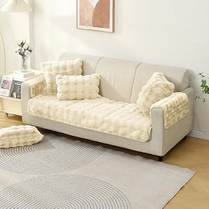 hokipo 39furhug39 premium faux rabbit fur anti slip 3 seater sofa mat with 2 armrest cover beige ar-5015-crm  ar-5149-crm2