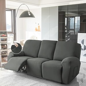 hokipo recliner stretch sofa slipcover 3 seater fully covered 8-piece set machine washable furniture protector with elasticity for kids pet grey new-4742-gry