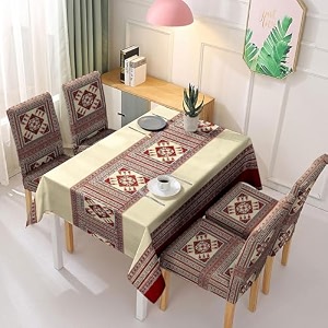 hokipo polyester stretchable set of 4 dining chair cover with matching rectangular tablecloth tribal maroon ar-5359-d11
