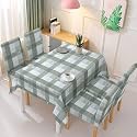 HOKIPO Rectangular Polyester Elastic Dining Chair Covers Set of 4 With Matching Tablecloth, Checks Grey (AR-5359-D12)