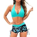 Holipick 2 Piece Bikini Swimsuit with Shorts Halter Push Up Bathing Suit