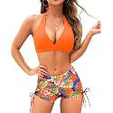 Holipick 2 Piece Bikini Swimsuit with Shorts Halter Push Up Bathing Suit