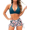 Holipick 2 Piece Bikini Swimsuit with Shorts Halter Push Up Bathing Suit