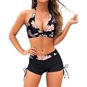 Holipick 2 Piece Bikini Swimsuit with Shorts Halter Push Up Bathing Suit