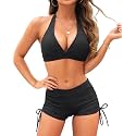 Holipick 2 Piece Bikini Swimsuit with Shorts Halter Push Up Bathing Suit