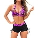 Holipick 2 Piece Bikini Swimsuit with Shorts Halter Push Up Bathing Suit