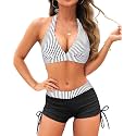 Holipick 2 Piece Bikini Swimsuit with Shorts Halter Push Up Bathing Suit