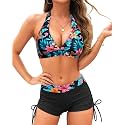 Holipick 2 Piece Bikini Swimsuit with Shorts Halter Push Up Bathing Suit