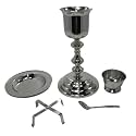 Holy Chalice and Paten Set, Silver Finish, Complete Communion Set with Cup, Plate, Bowl, Spoon and Stand