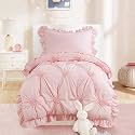 HOMBYS 4 Pieces Pink Princess Toddler Bedding Set for Girls Kids, Ultra Soft Blush Pinch Pleat Comforter Set with Ruffles for All Season