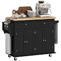 HOMCOM Kitchen Island Cart with Solid Wood Top, 44" Mobile on Wheels, Black
