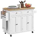 HOMCOM Kitchen Island Cart on Wheels with Solid Wood Top, 44" White Grain