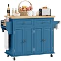 HOMCOM Kitchen Island Cart on Wheels with Solid Wood Top, 44" Turquoise