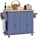 HOMCOM Kitchen Island Cart on Wheels with Solid Wood Top, 44" Navy Blue