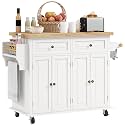 HOMCOM Kitchen Island Cart on Wheels with Solid Wood Top, 44" Cream White