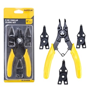 homdum 5 in 1 circlip plier set combination interchangeable retaining tool kit for external amp internal circlips 4 pc two way multiple jaws size 6 inch snap ring pliers for 10 to 25 mm circle clip
