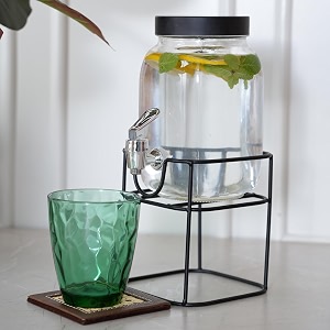 home 360 glass beverage dispenser 20x11x11 cm with metal stand 15l drink container with spigot black lid  cold beverage dispenser for beer water cocktails and more  glass jar clear