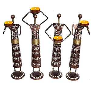 metal wrought iron tribal lady worker ladies doll figurine statue decorative items show pieces for home decor stylish living room tea light stand multicolor
