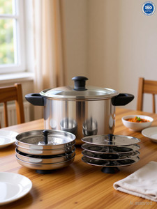 home-pro stainless steel multi cooker glass lid  4 idli 2 dhokla 2 steamer plates  induction  standard idli maker 8 plates 16 idlis 