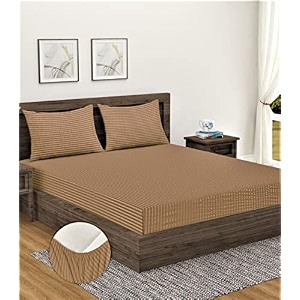 home sizzler microfibre beige satin stripe elasticated fitted double bedsheet 72x78 inches with 2 pillow covers