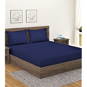 home sizzler 300tc cotton blue satin striped double bedsheet with 2 king size pillow covers 9034x9234