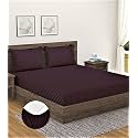 Home Sizzler Microfibre Brown Satin Stripe Elasticated Fitted Double Bedsheet (72x78 Inches) with 2 Pillow Covers