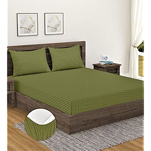 home sizzler 300tc cotton green satin striped elastic fitted double bedsheet with 2 king size pillow covers fit for mattress 7234x7534 amp 7234x7834