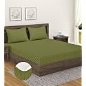 Home Sizzler 300TC Cotton Green Satin Striped Elastic Fitted Double Bedsheet with 2 King Size Pillow Covers, Fit for Mattress: 72"X75" &amp; 72"X78"
