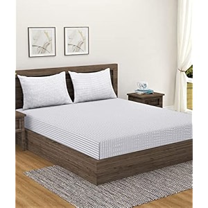 home sizzler 300tc cotton white satin striped double bedsheet with 2 king size pillow covers 9034x9234