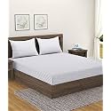 Home Sizzler 300TC Cotton White Satin Striped Double Bedsheet with 2 King Size Pillow Covers, 90"X92"