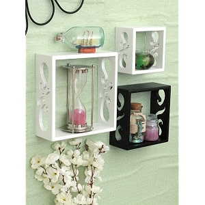 home sparkle wooden wall shelves for living room wall mounted cube shaped shelf for home dcor ideal for decoration set of 3 white amp black