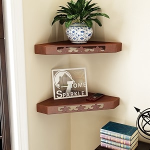 home sparkle set of 2 corner wall shelf engineered wood brown