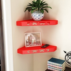 home sparkle set of 2 corner wall shelves engineered wood red