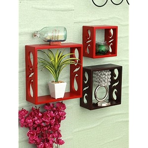 home sparkle wooden wall shelves for living room wall mounted cube shaped shelf for home dcor ideal for decoration set of 3 red amp black