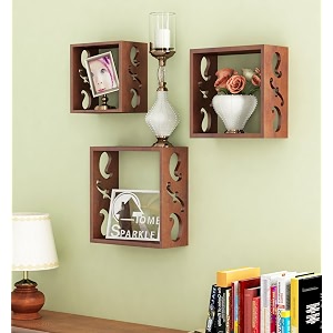home sparkle wooden wall shelves for living room wall mounted cube shaped shelf for home dcor ideal for decoration set of 3 brown