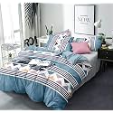 THE HOME STYLE 200TC Soft Glace Cotton King Size Zipper Duvet, Razai, Quilt Comforter Cover for Double Bed (90x100 Inch) With Matching Flat Bedsheet and 2 Pillow Covers (White, Blue)