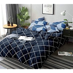 home style 200tc super soft glace cotton king size zipper duvet quilt comforter cover for double bed 90x100 inch with same designed pillow cover 2 pcs navy blue lines