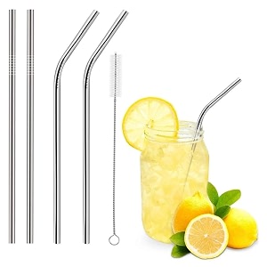 stainless steel drinking straws - 85 inches bpa-free reusable dishwasher safe - set of 2 bent 2 straight straws  1 cleaning brush