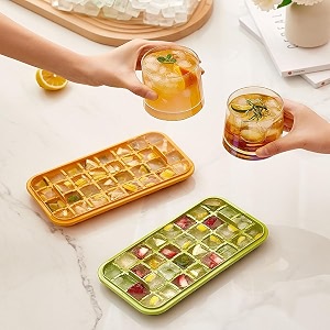 homecloud 2 layer ice cube tray with lid amp bin square ice cubes molds with ice scoop one tap easy release amp save space bpa free ice cube storage container 64 ice cubes green