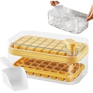 homecloud 2 layer ice cube tray with lid amp bin square ice cubes molds with ice scoop one tap easy release amp save space bpa free ice cube storage container 64 ice cubes yellow