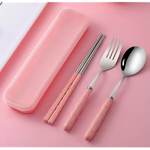 home cloud premium stainless steel cutlery set of 3-piece spoon fork chopsticks including travel spoon box - exquisite portable tableware for customized gifts pink