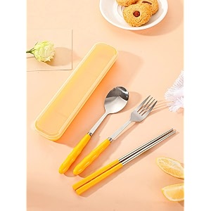 home cloud premium stainless steel cutlery set of 3-piece spoon fork chopsticks including travel spoon box - exquisite portable tableware for customized gifts yellow