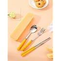 Home Cloud Premium Stainless Steel Cutlery Set Of 3-Piece (Spoon, Fork, Chopsticks) Including Travel Spoon Box - Exquisite Portable Tableware For Customized Gifts (Yellow)
