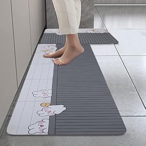homecloud rubber kitchen mats for floor set of 2 pcs  non-skid soft absorbent rugs for kitchen laundry and hallway  120x40cm 40x60cm 4mm thickness bunnies_grey