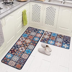 homecloud rubber kitchen mats for floor set of 2 pcsnon-skid soft absorbent rugs for kitchen laundry and hallway120x40cm 40x60cm 4mm thickness rangoli_blue rectangular