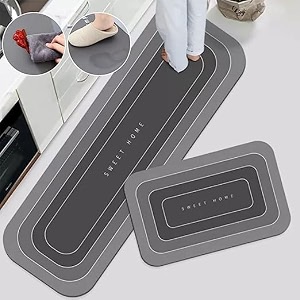 homecloud rubber kitchen mats for floor set of 2 pcs  non-skid soft absorbent rugs for kitchen laundry and hallway  120x40cm 40x60cm 4mm thickness sweet_home_grey