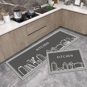 homecloud rubber kitchen mats for floor set of 2 pcs  non-skid soft absorbent rugs for kitchen laundry and hallway  120x40cm 40x60cm 4mm thickness kitchen_jars_grey